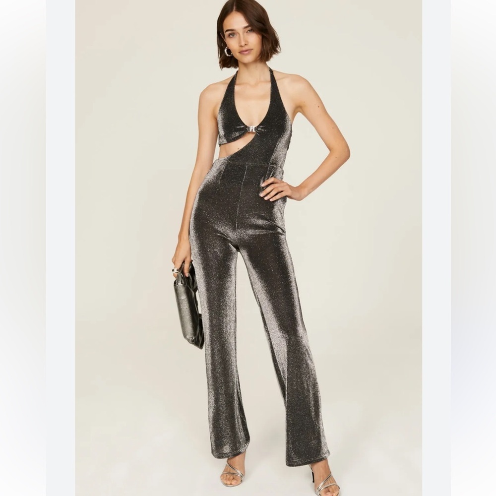 Rotate Birger Christensen Isha Jumpsuit Black Metallic EU 42 US 10 Glam Sparkle